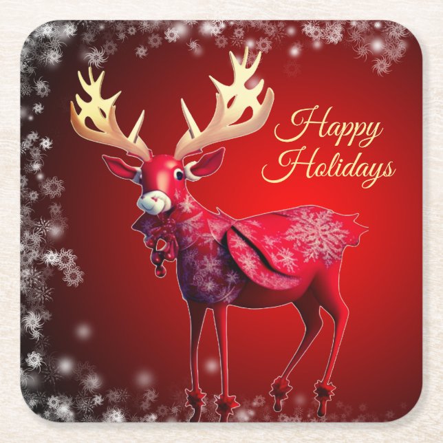 Posavasos Cuadrado De Papel Christmas Party Red Reindeer White Snowflakes (Anverso)