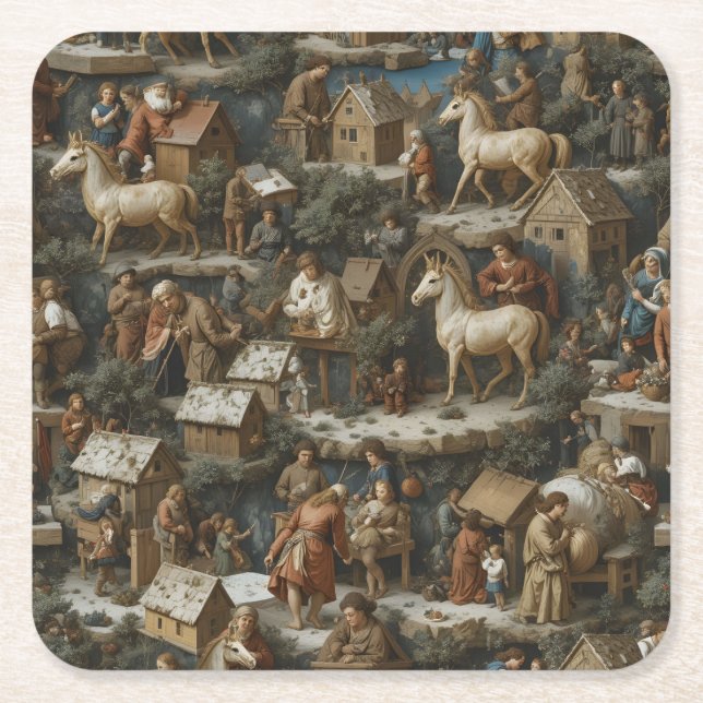 Posavasos Cuadrado De Papel Christmas Pattern • Bruegel Style Paper Coaster (Anverso)