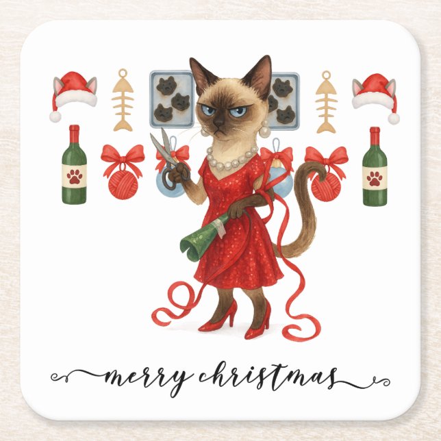 Posavasos Cuadrado De Papel Christmas Siamese Cat is celebrating at home (Anverso)