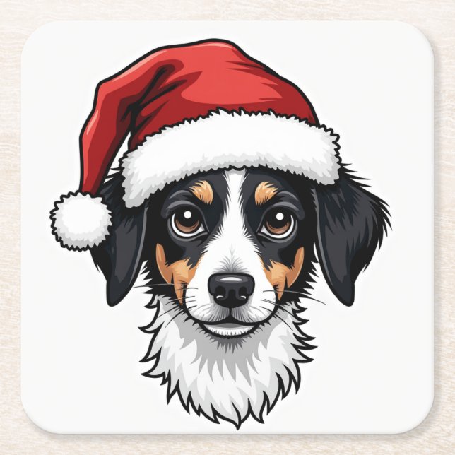 Posavasos Cuadrado De Papel Christmas Small Dog in Santa Hat (Anverso)