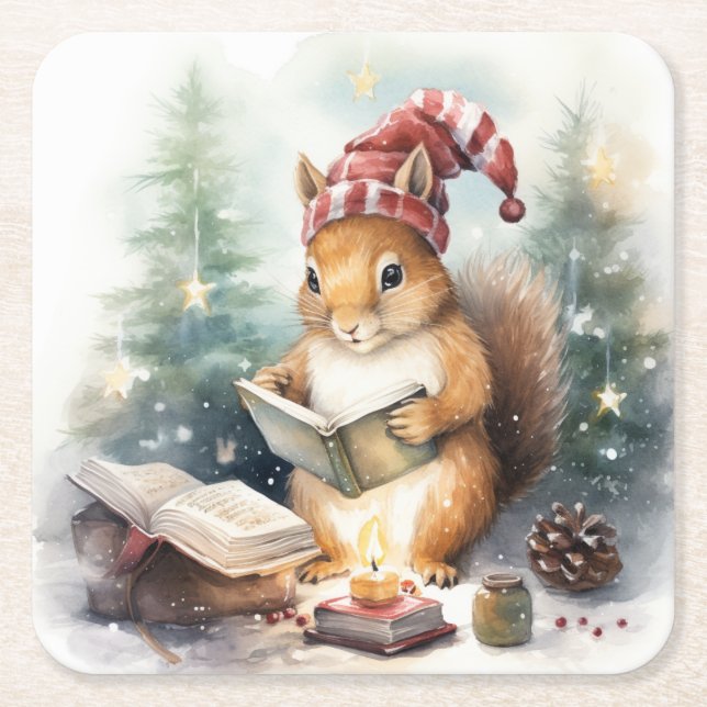 Posavasos Cuadrado De Papel Christmas Squirrel reading (Anverso)