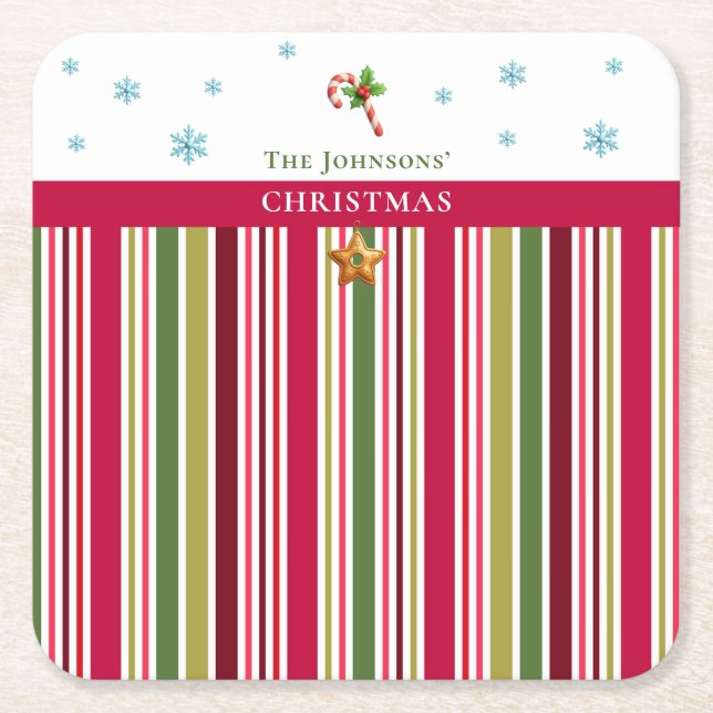 Posavasos Cuadrado De Papel Christmas Striped– Holiday Cooking & Baking Gift (Anverso)