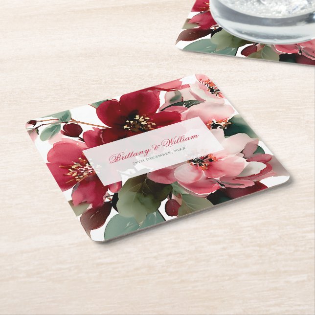 Posavasos Cuadrado De Papel  Christmas Themed Red Floral Wedding  (En perspectiva)
