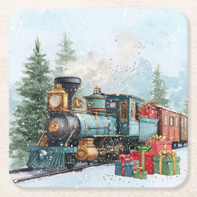 Posavasos Cuadrado De Papel Christmas Train (Anverso)