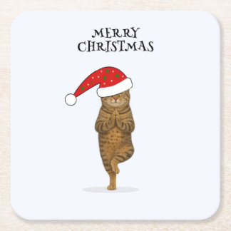 Posavasos Cuadrado De Papel Christmas yoga cat your text