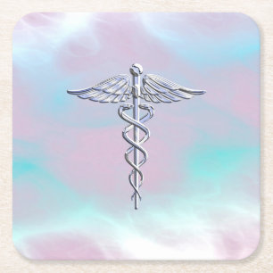 Posavasos Cuadrado De Papel Chrome como símbolo médico de Caduceus Pearl mad