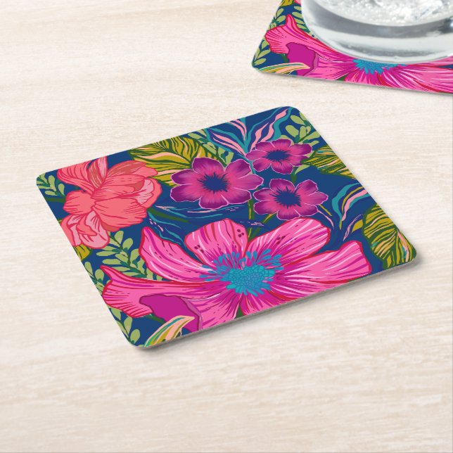 Posavasos Cuadrado De Papel Chubasquero floral acuarela y botánico rosa nupcia (En perspectiva)