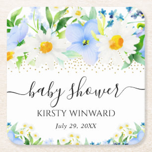 Posavasos Cuadrado De Papel Chupinada de flores azules y margaritas acuarela p