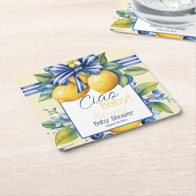 Posavasos Cuadrado De Papel Ciao Baby Blue Bow Tile Lemon Baby Shower (En perspectiva)