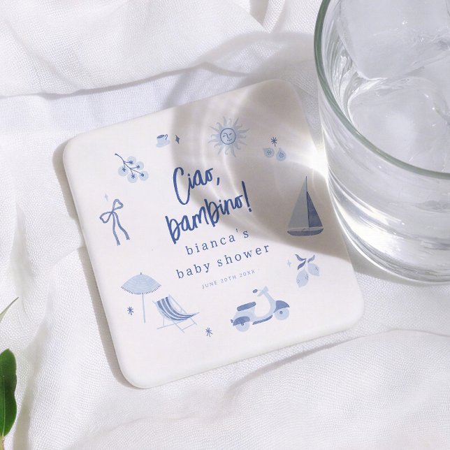 Posavasos Cuadrado De Papel Ciao Bambino Italian Blue Boy Baby Shower (Subido por el creador)