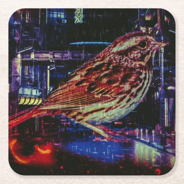 Posavasos Cuadrado De Papel Ciberpunk Sparrow en Neon Cityscape (Anverso)