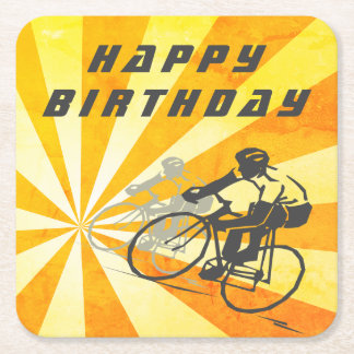 Posavasos Cuadrado De Papel Ciclistas viales con retro Sunburst Bike Cumpleaño