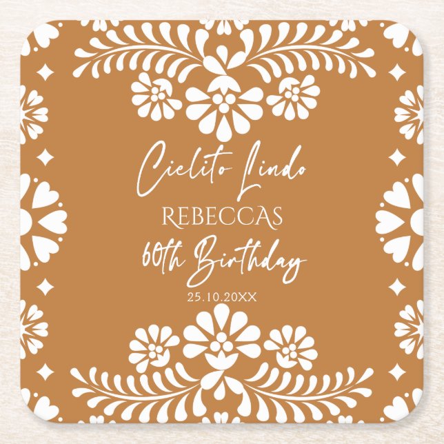 Posavasos Cuadrado De Papel Cielito lindo terracota mexicano cumpleaños 60 (Anverso)