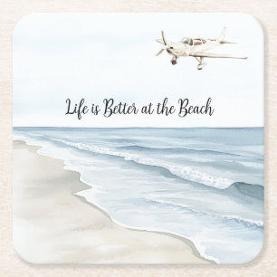 Posavasos Cuadrado De Papel Cielo Azul Playa Costa Océano Aviión Blanco