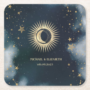 Posavasos Cuadrado De Papel Cielo nocturno dorado celestial con Sol, Luna y Es
