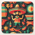 Posavasos Cuadrado De Papel Cinco de Mayo. Patrón personalizado brillante mexi<br><div class="desc">Cinco de Mayo. Patrón personalizado brillante mexicano Astras de color verde naranja rojo amarillo.</div>