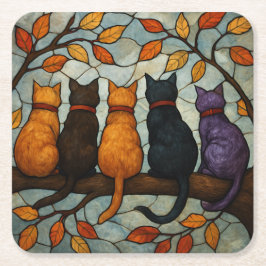 Posavasos Cuadrado De Papel Cinco Gatos en una Rama de Árbol Estilo Vidrio Pin