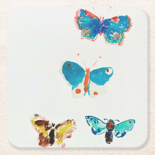 Posavasos Cuadrado De Papel Cinco mariposas, Redon (Anverso)