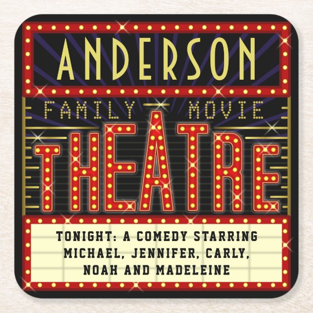 Posavasos Cuadrado De Papel Cine residencial Marquee de Movie Theater | Nombre
