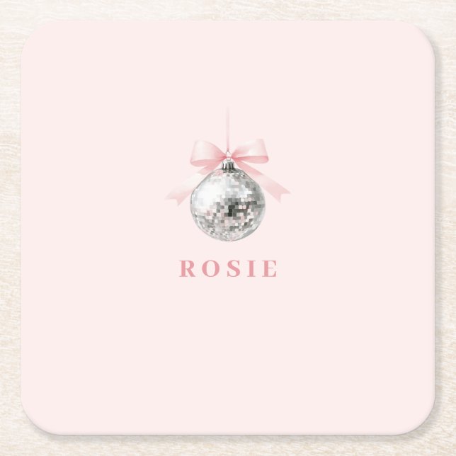 Posavasos Cuadrado De Papel Cinta rosa Coquette Disco Ball personalizada (Anverso)