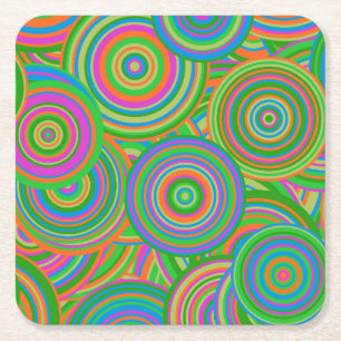 Posavasos Cuadrado De Papel Círculos abstractos de moda retro, verde y rojo-na