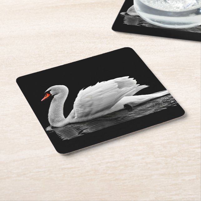 Posavasos Cuadrado De Papel Cisne blanco en el lago (En perspectiva)
