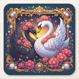 Posavasos Cuadrado De Papel Cisnes de boda enmarcados con oro y flores