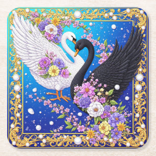 Posavasos Cuadrado De Papel Cisnes de boda enmarcados con oro y flores