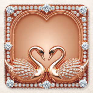 Posavasos Cuadrado De Papel Cisnes de Rosa Dorado Corazón de Diamante Ornato A