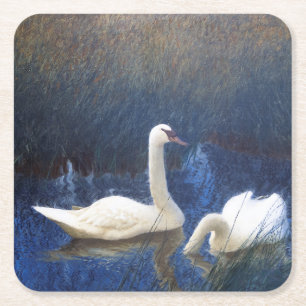 Posavasos Cuadrado De Papel Cisnes en juncos, Bruno Liljefors