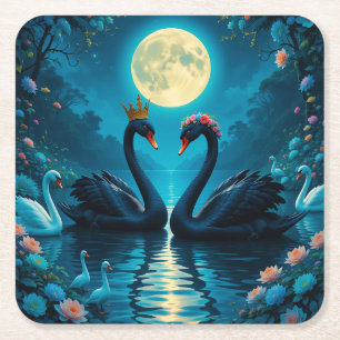 Posavasos Cuadrado De Papel Cisnes negros elegantes bajo luna llena