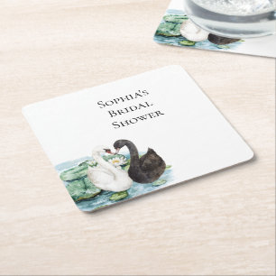 Posavasos Cuadrado De Papel Cisnes Nenúfares Lago Romántico Desayuno de Novia