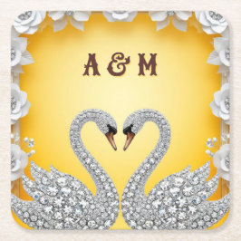Posavasos Cuadrado De Papel Cisnes Románticos de Cristal de Diamante Escena Cá