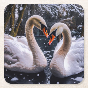 Posavasos Cuadrado De Papel Cisnes románticos en un país maravillosamente inve