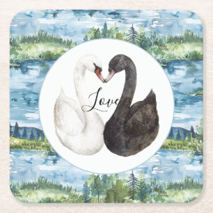 Posavasos Cuadrado De Papel Cisnes románticos Nenúfares Lago Azul