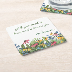 Posavasos Cuadrado De Papel Cita de humor, flores silvestres acuarelas