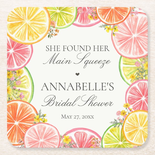 Posavasos Cuadrado De Papel Citrus Floral Main Squeeze Bridal Shower Table (Anverso)