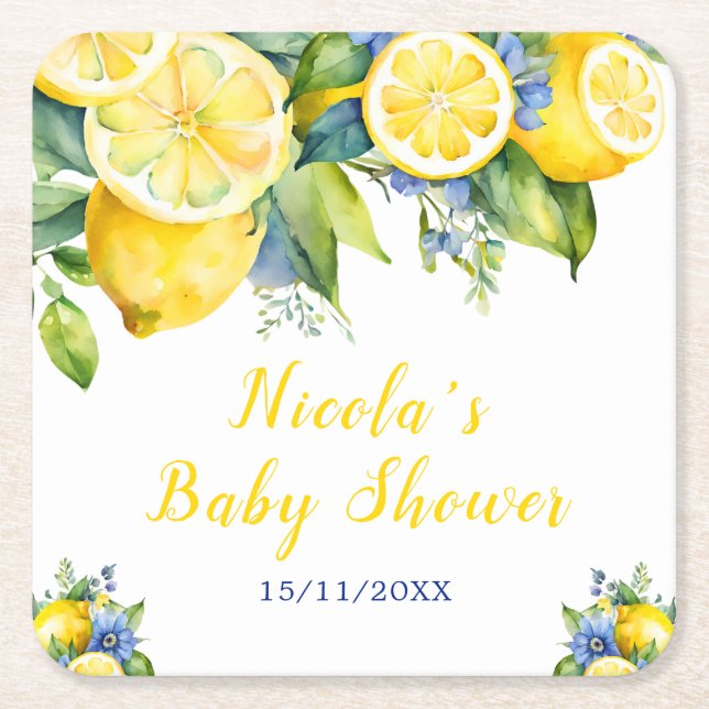 Posavasos Cuadrado De Papel Citrus Lemon Mediterranean Baby Showe (Anverso)