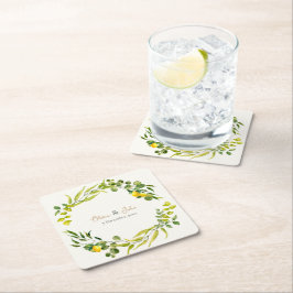 Posavasos Cuadrado De Papel Citrus Yellow and Green Watercolor Lemon Wedding