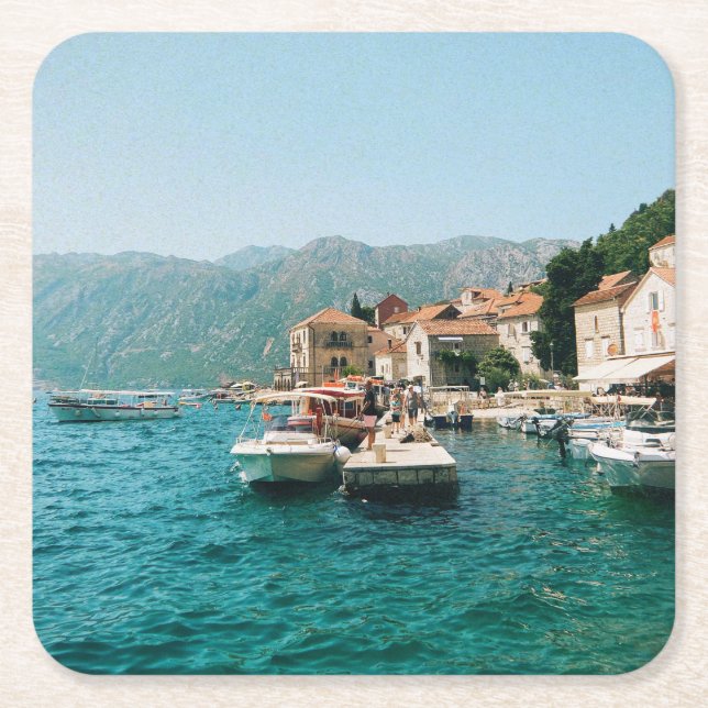 Posavasos Cuadrado De Papel Ciudad costera de Perast, Montenegro (Anverso)