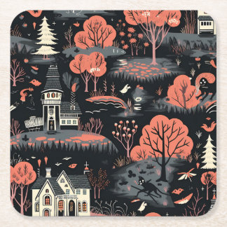 Posavasos Cuadrado De Papel Ciudad de Halloween 4