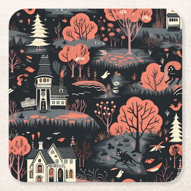 Posavasos Cuadrado De Papel Ciudad de Halloween 4 (Anverso)