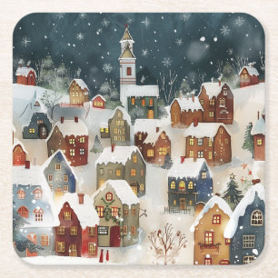 Posavasos Cuadrado De Papel Ciudad de Navidades ilustrativos