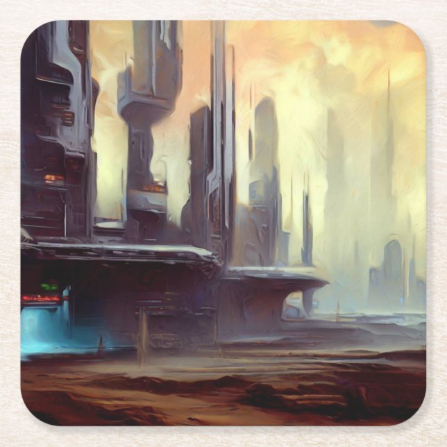 Posavasos Cuadrado De Papel Ciudad de SF en un planeta extraño 2 (Anverso)