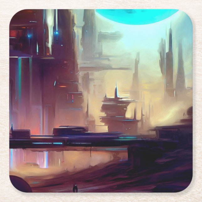 Posavasos Cuadrado De Papel Ciudad de SF en un planeta extraño 3 (Anverso)