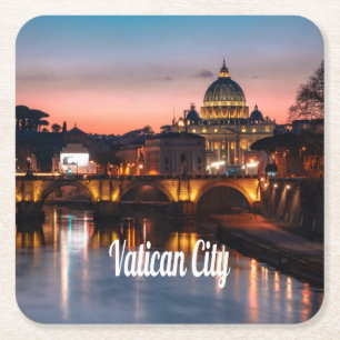 Posavasos Cuadrado De Papel Ciudad del Vaticano De Noche Iglesia Católica Roma