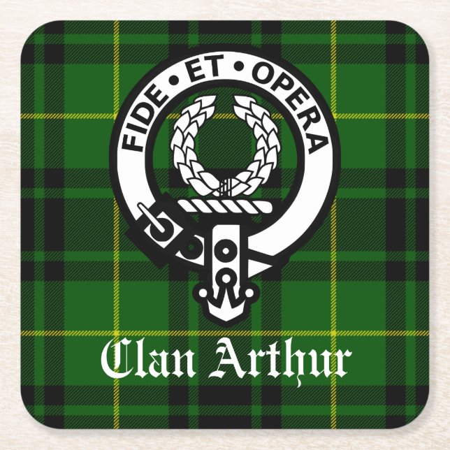 Posavasos Cuadrado De Papel Clan Arthur Escudo Badge & Tartán (Anverso)