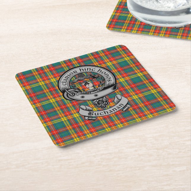 Posavasos Cuadrado De Papel Clan Buchanan Tartan & Escudo (En perspectiva)