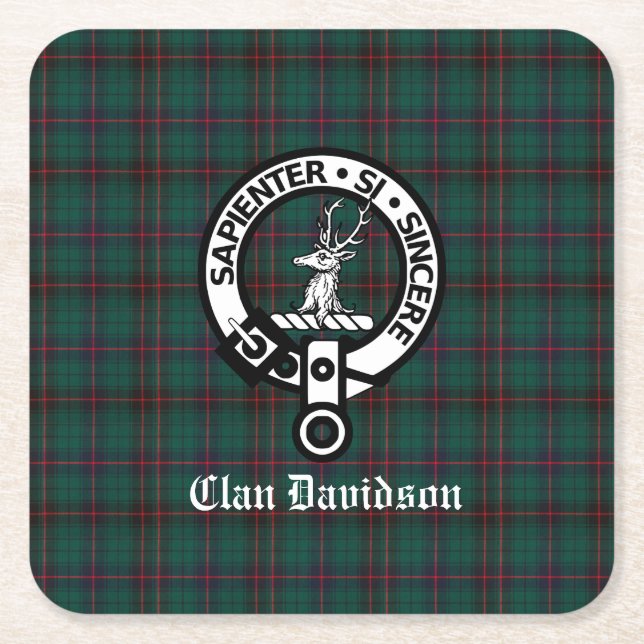Posavasos Cuadrado De Papel Clan Davidson Escudo Badge y Tartán (Anverso)