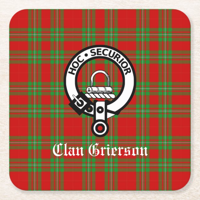 Posavasos Cuadrado De Papel Clan Grierson Escudo Badge & Tartan (Anverso)